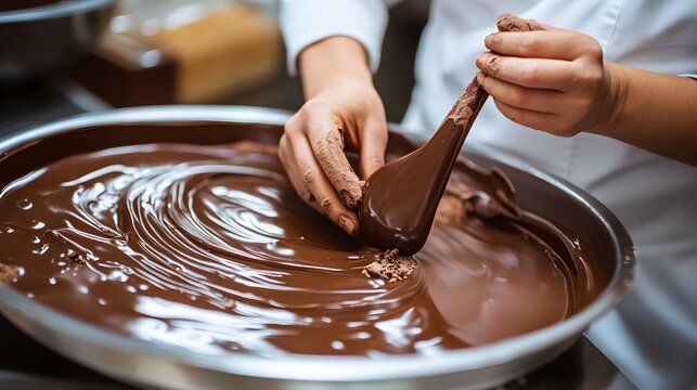 A chocolatier carefully tempering chocolate, ensuring a smooth and shiny finish
