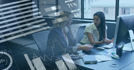 Poster - Image of financial data processing over diverse business people in office