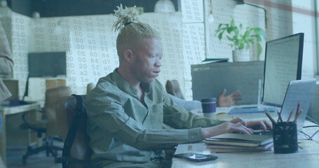 Poster - Image of financial data processing over albino afrcian american businessman in office