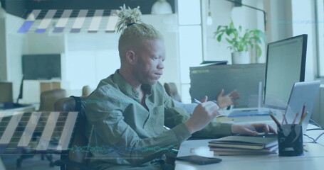 Poster - Image of financial data processing over albino afrcian american businessman in office