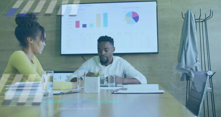 Poster - Image of financial data processing over diverse business people in office