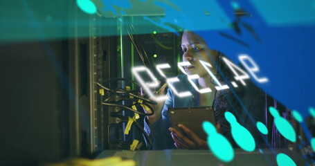 Poster - Image of financial data processing over african american businesswoman in server room