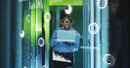 Poster - Image of financial data processing over african american businessman in server room