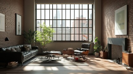 Spacious urban living room featuring modern decor, large windows, brick walls, and lush greenery, creating a cozy atmosphere.