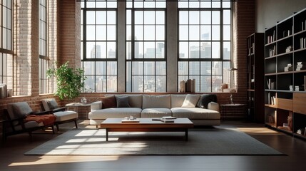 Modern living room with large windows, stylish furniture, and urban view, creating a cozy, inviting atmosphere.