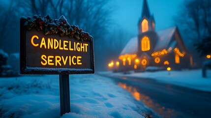 Wall Mural - Sign that reads “CANDLELIGHT SERVICE” - Christmas service - church -snow - holiday - decorations - religious - ceremony - Christmas Eve 