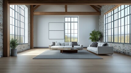 Modern living room with large windows, a cozy sofa, wooden beams, and a touch of greenery, creating a bright and inviting space.