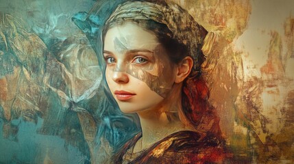 Poster - A digital artist using neural style transfer to combine classical painting styles with modern photography, creating a unique, blended visual experience.