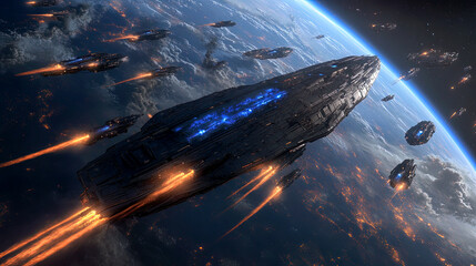 Wall Mural - Fleet of sci-fi spaceships leaving orbit from around earth atmosphere, futuristic space invasion ships with engines glowing, blue planet covered in clouds