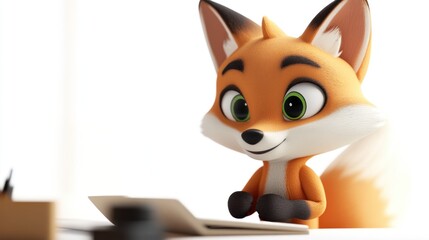 Wall Mural - A cheerful cartoon fox sits at a desk, engaging with a laptop, suggesting a playful work environment.