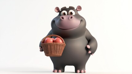 A cheerful cartoon hippo holding a basket of apples, showcasing a playful and friendly vibe.