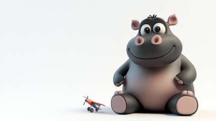 Sticker - A cheerful cartoon hippo sitting beside a toy airplane in a playful setting.