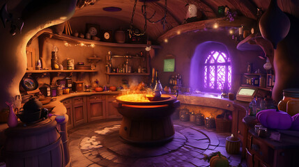 Friendly Witch Workshop. Halloween Background Concept