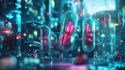 Wall Mural - Futuristic Neon Glowing Medical Capsules in Modern Scientific Lab