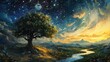 © DigitalDruid - Surreal portrayal of existence and eternal life featuring a cosmic compass enchanted tree and a river of stars as symbols of psychology