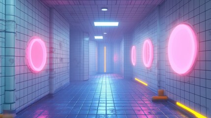 Aufkleber - A large room with walls covered in white tiles, the floor is made of blue tiles and yellow pipes. There are neon pink circles on some wall panels. 