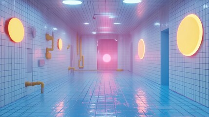 Aufkleber - A large room with walls covered in white tiles, the floor is made of blue tiles and yellow pipes. There are neon pink circles on some wall panels. 