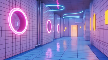 Aufkleber - A large room with walls covered in white tiles, the floor is made of blue tiles and yellow pipes. There are neon pink circles on some wall panels. 