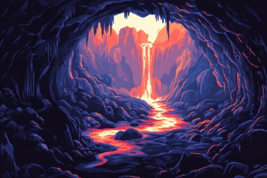 Retro Pixel Lair with Lava Flows and Rocks, Copy Space for Text - Vintage Video Game Style Background