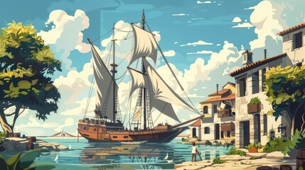 An old sailing ship was anchored in a small, busy harbor. In the vicinity, traders from nearby markets rushed to offer their wares to the crew. 