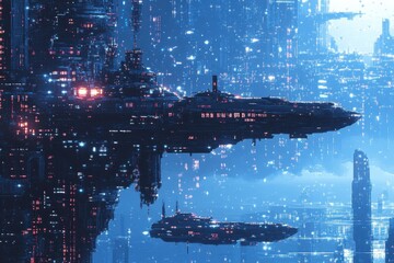 Wall Mural - Futuristic Pixelated Space Station Dock with Pixel Ships in Blank Sky for Text Design