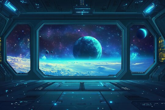 Retro 8-Bit Space Station Background with Planets and Copy Space