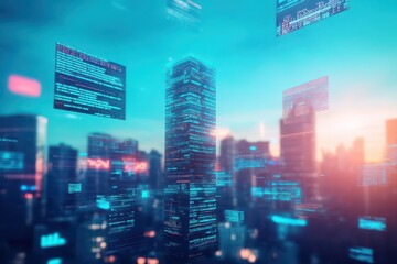 Poster - A futuristic city skyline representing the success of digital investments, with skyscrapers made of code, holographic financial reports flying in the sky