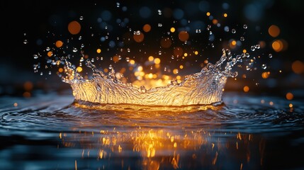 Wall Mural - Water Droplet Splashing into Water with Golden Bokeh Lights