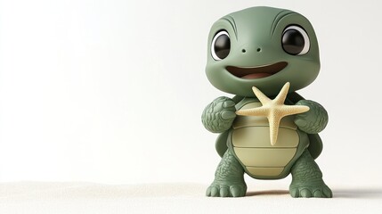 Wall Mural - A cheerful turtle character holding a starfish, set against a simple background.