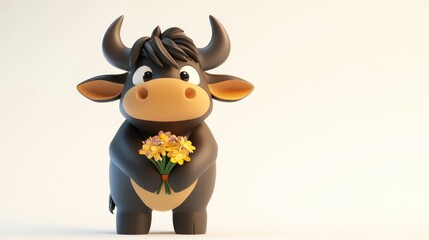 A cute cartoon bull holding a bouquet of flowers, exuding a cheerful and friendly vibe.