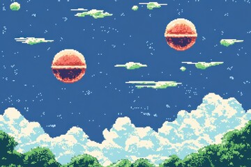 Fototapete - Retro 8-Bit Alien Planet with Floating Islands and Blank Sky for Copy Space