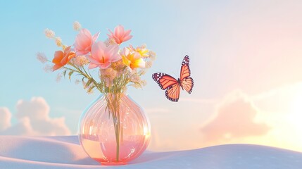 Beautiful Vase with Fresh Flowers and an Inflatable Butterfly Inside, Captured in High-Definition 3D Using Cinema 4D and OC Rendering. Featuring a Clear Sky and Sunlight with a Minimalist Design