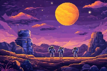 Fototapete - Retro Pixel Moon Base Scene with Astronauts and Copy Space, 8-bit Space Exploration Concept