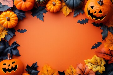 Vibrant and colorful Halloween flat lay background featuring pumpkins, spooky bats, and beautiful autumn leaves with copy space for text