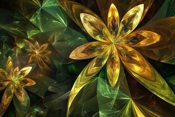 Poster - Stunning modern high resolution abstract fractal background featuring an intricate floral design with crystal like geometric leaves in shades of dark yellow green and brown