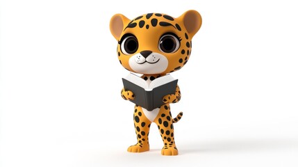 A cute cartoon leopard character holding a book, promoting reading and learning.