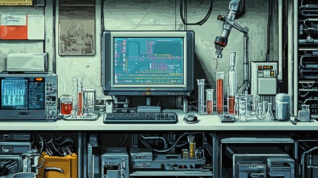Digital Pixel Laboratory with Test Tubes and Monitors on Transparent Background for Text Overlay