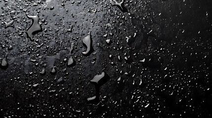 A close-up view of water droplets on a black surface. The droplets are of various sizes and shapes, and they create a beautiful abstract pattern.