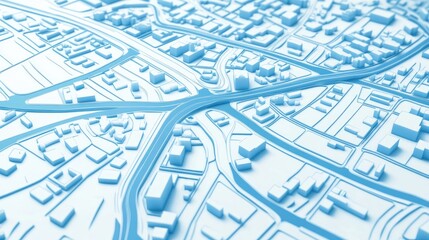 Wall Mural - Map of urban streets depicted with blue lines on a white background Top down flat perspective 3D render illustration