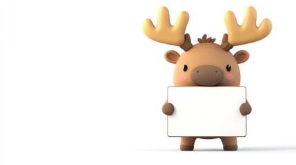 A cute cartoon moose holding a blank sign, ready for customization or messaging.