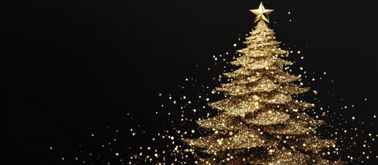 Festive greeting card design featuring a gold Christmas tree set against a black background celebrating the holiday season