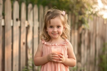 Wall Mural - Cute little child in a pink dress smiling while holding juice in a backyard with a wooden fence during late afternoon light