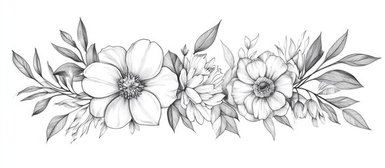 Wall Mural - Outline illustration of botanical floral elements in a detailed drawing style