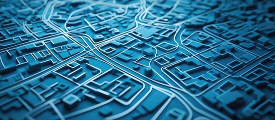 Map illustrating streets designed with white lines on blue paper Aerial perspective with a textured background 3D rendering digital illustration