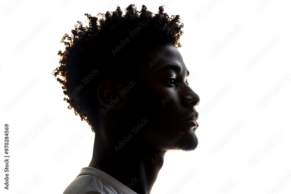 Dark silhouette of young african american man on white background, side ...