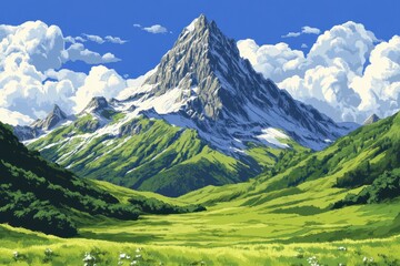 Fototapete - Retro 16-Bit Mountain Peak with Pixel Caves and Copy Space, Nostalgic Video Game Scene for Designers