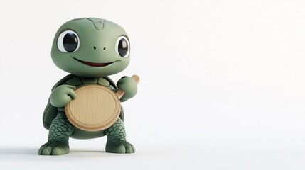 Wall Mural - A cute cartoon turtle holding a wooden board, smiling cheerfully.