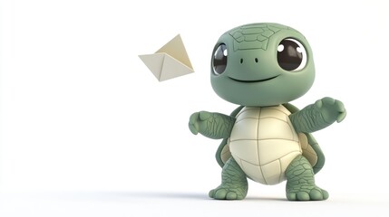 A cute cartoon turtle playfully tossing a paper airplane.