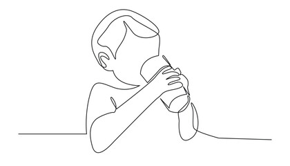 continuous line drawing of a child drinking milk. one line drawing of a toddler drinking milk with a glass. isolated on a white background