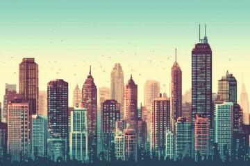 Fototapete - Nostalgic Pixelated City Skyline with Copy Space for Retro Designs